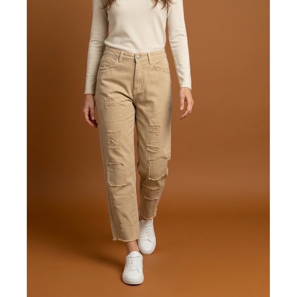 POL Clothing Tan Distressed Patchwork Wide Leg Cinch Back Denim Pants SMALL
